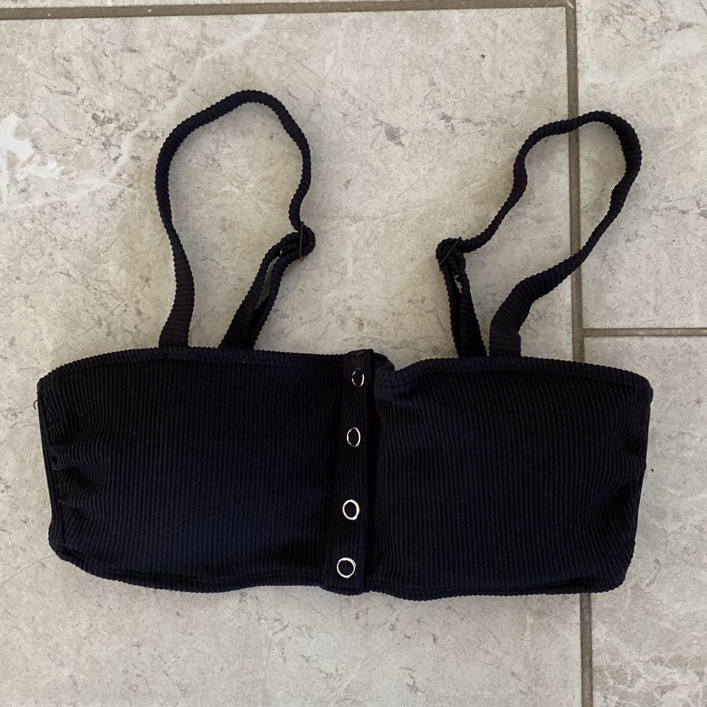 Aerie Black Ribbed Bikini Top Silver Snap Button Front XS